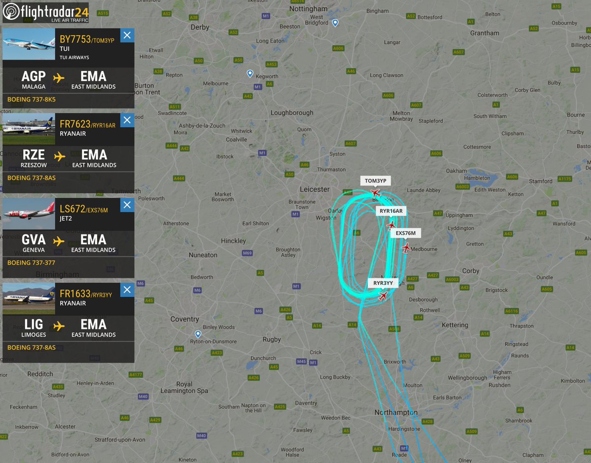flightradar24's tweet image. 4 flights are holding because of snow at East Midlands Airport