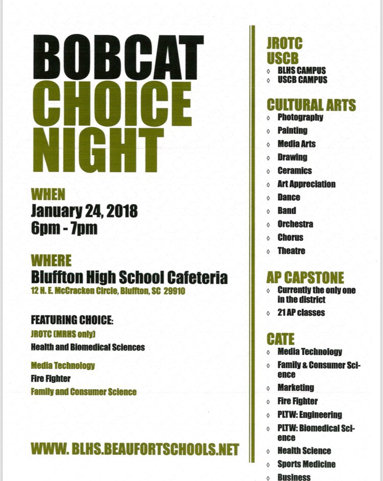 blufftonhs's tweet photo. Join us as we showcase our choice programs on January 24th from 6-7pm in our cafeteria. https://t.co/KREAauMBOj