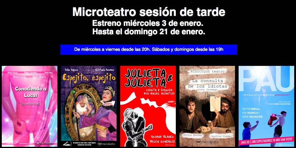 microteatro's tweet photo. ¡Con todo el dolor de nuestro corazón nos despedimos de la sesión de tarde #PorNuestrosClásicos! ¡Esta tarde última oportunidad para ver esta selección las mejores obras de esta temporada! #MicroConsulta #MicroLucas #MicroJulieta #MicroPAU #MicroEspejito #Microteatro https://t.co/EWU5d4sJM2