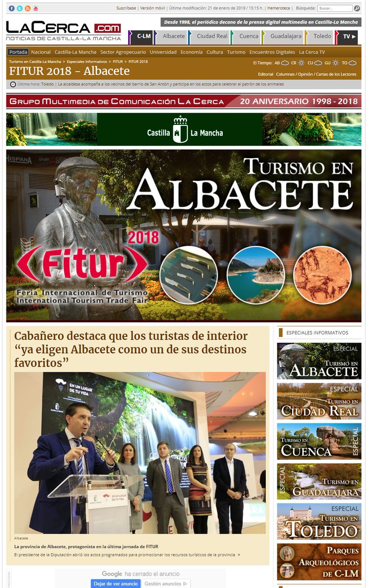 🔴🌍🍇🐿⛰🍲🍷🏕🎆🧀🍯🛤🐐🌳🌄🍄🍾
ESPECIAL FITUR 2018 EN La Cerca
☑Vía: lacerca.com/noticias/categ…
🔊Sigue toda la información sobre la Feria Internacional de Turismo (FITUR) en el periódico digital La Cerca.
Hoy, 21 de enero, DÍA ESPECIAL DEDICADO A LA PROVINCIA DE ALBACETE