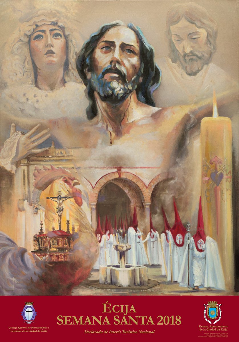 Cartel Oficial de la Semana Santa de Écija 2018. Enhorabuena al @ConsejHHCCEcija por el acto, a la querida <a href="/expiracionecija/">Hermandad de la Expiración, Écija -OFICIAL-</a> protagonista del cartel, y a D. Jerónimo Díaz por la belleza de su obra. Además felicitamos a la <a href="/Hdad_Confalon/">Hermandad de Confalón</a> y a su fantástica <a href="/bandaconfalon/">BandaConfalón</a>.