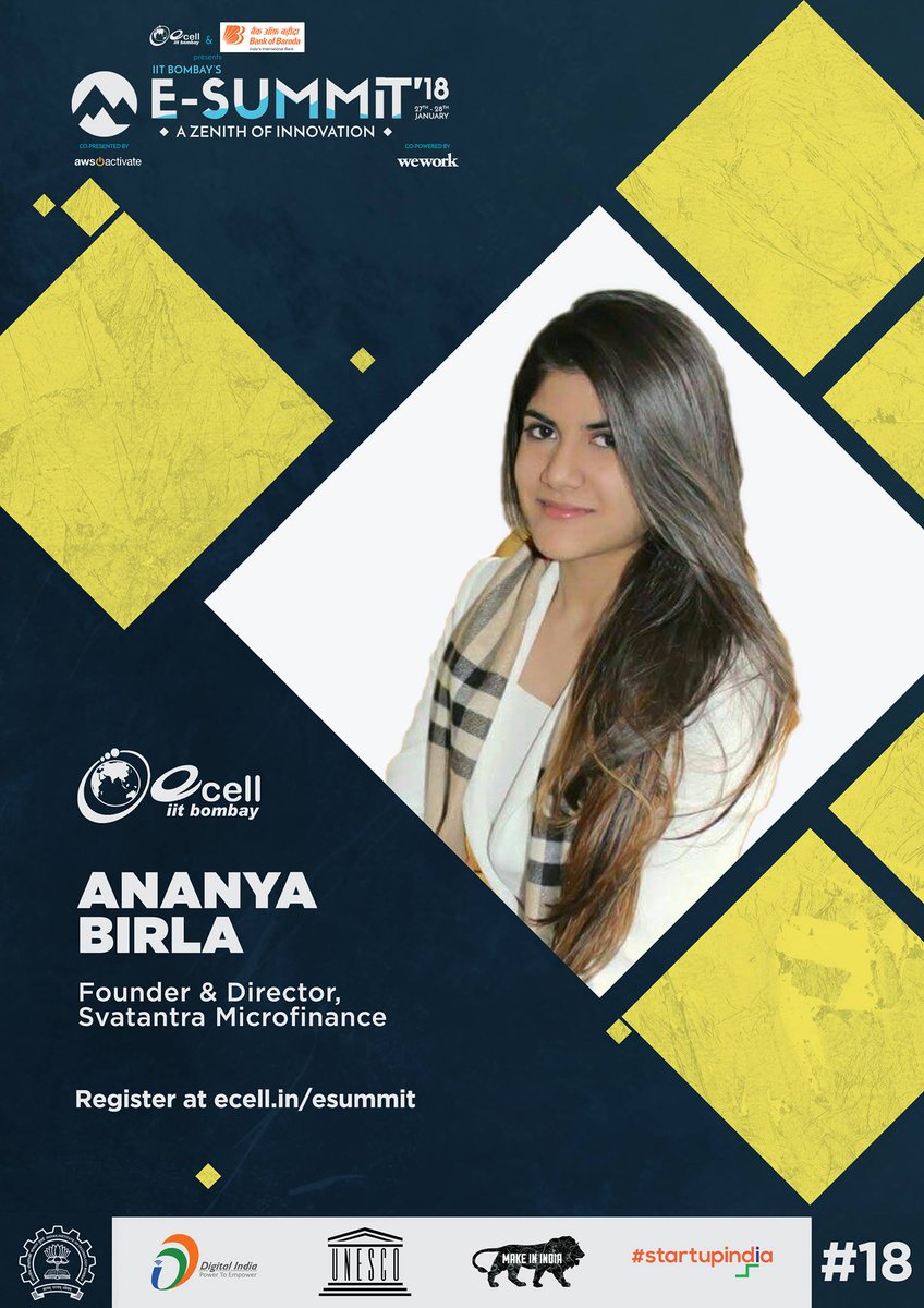 ecell_iitb's tweet photo. She started her first venture at an early age of 17 and within three years she has established herself as a successful entrepreneur. Next in the series is Ananya Birla, Chairperson &amp; Managing Director of Svatantra Microfinance Pvt. Ltd.
https://t.co/r9fg3b3O7v
#Summit2018 https://t.co/zlrix2MXLq