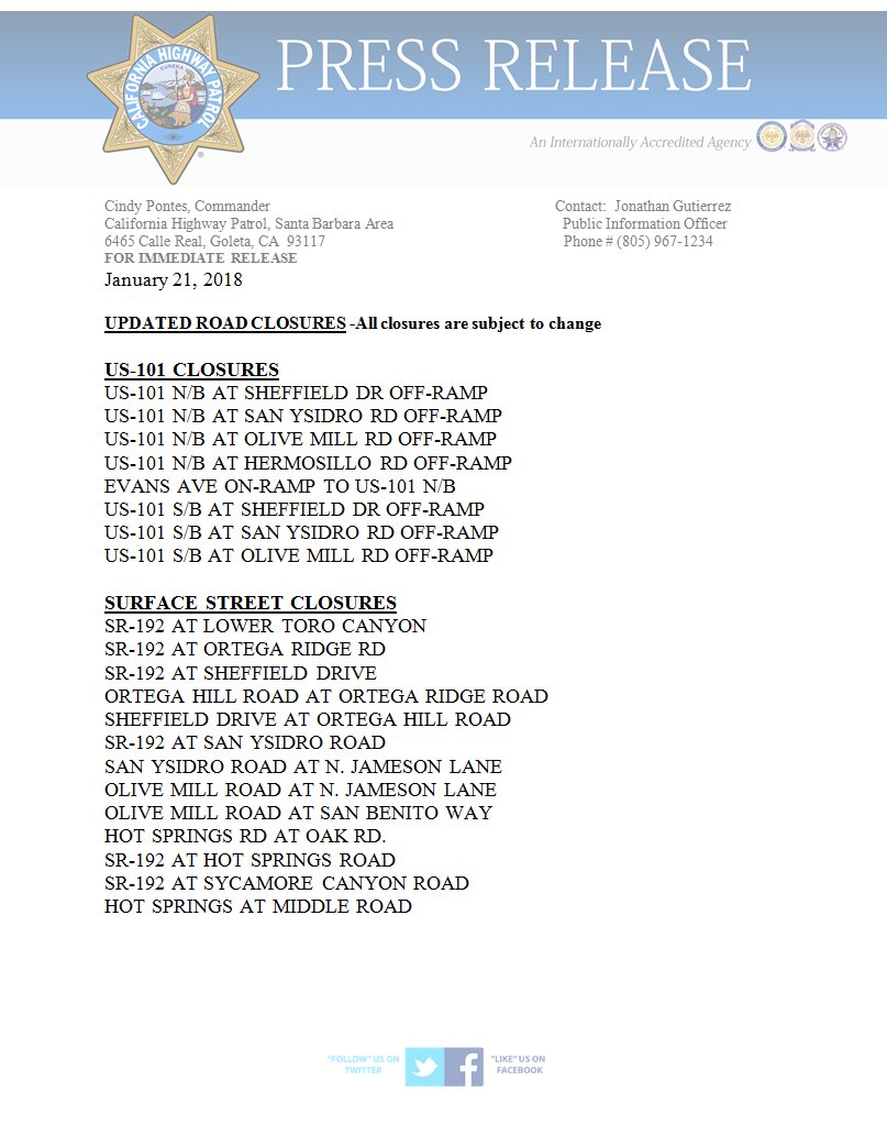 US-101 is open, but a few off-ramps and surface streets will be closed in the Montecito area.  Please refer to the attachment press release.  The following closures will be in place for undetermined amount time.  @KEYTNC3 <a href="/KSBY/">KSBY</a> <a href="/countyofsb/">Santa Barbara County</a> <a href="/CHP_Ventura/">CHP Ventura</a> <a href="/CHPMoorpark/">CHP Moorpark</a> @CHPHQ