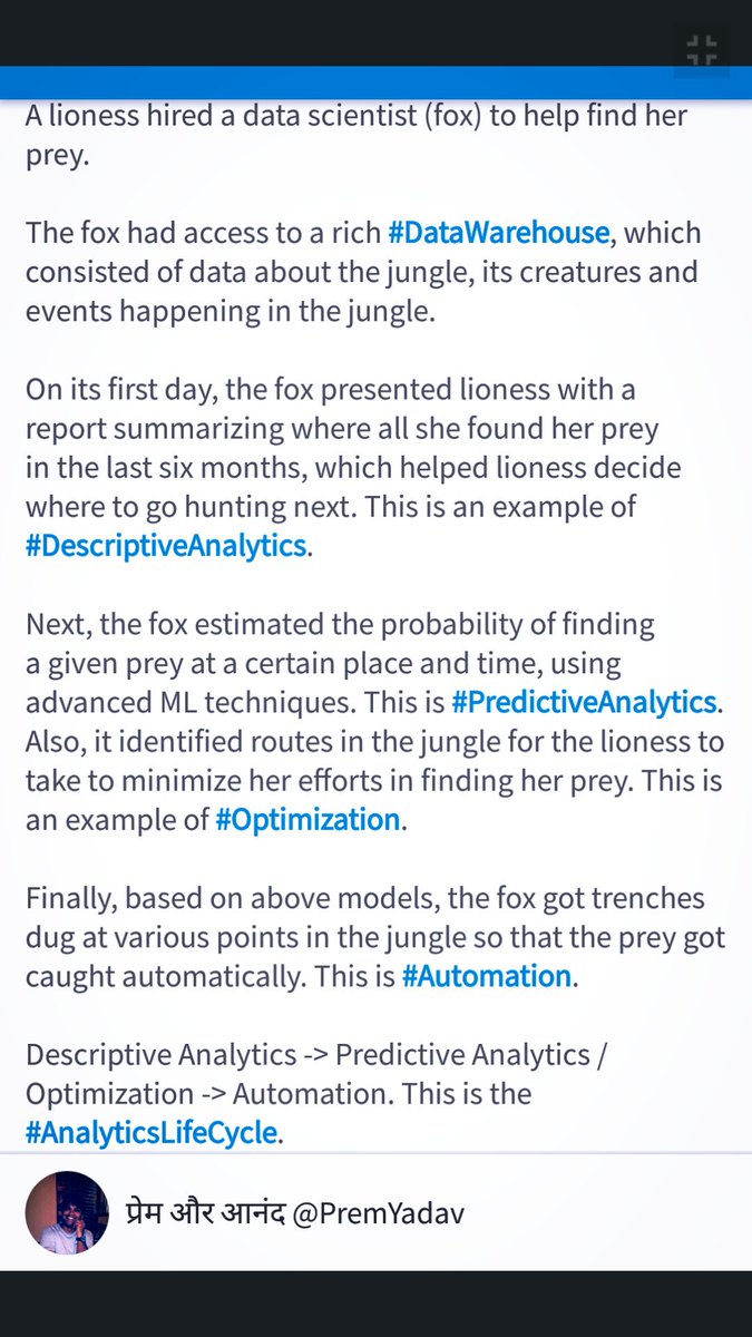_PremYadav_'s tweet image. #AnalyticsLifeCycle

#DescriptiveAnalytics
(Summary of historical data using #Datawarehouse)
   ⬇️
#PredectiveAnalytics
(Analyze summary facts to make predictions using #MachineLearning)
   ⬇️
#Optimization
(Make it better)
   ⬇️
#Automation
(Make it to run automatically)