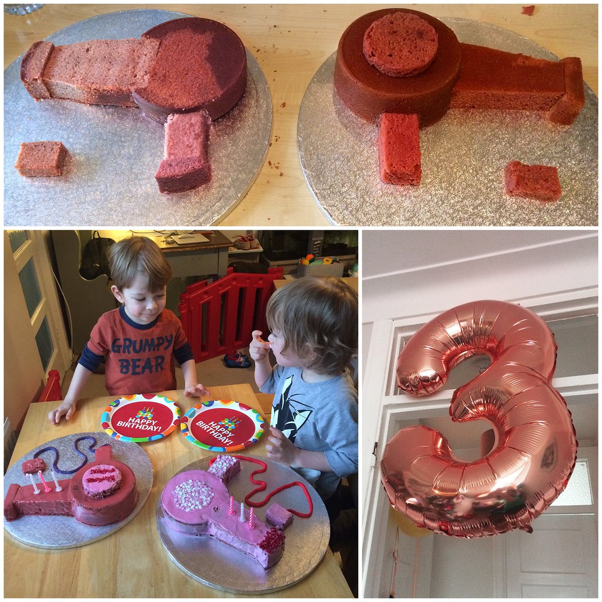"What sort of #birthday #cake do you want boys?" 1: "RED HAIR DRYER CAKE!" 2: "PINK ONE! PINK #HAIRDRYER CAKE.....WITH #CANDY!" Me: "oh sh*t". a) not using food dye, and b) hate marzipan/fondant coated cakes. Cream cheese frosting it is. Ugly, but fruits did the shades, so yay.