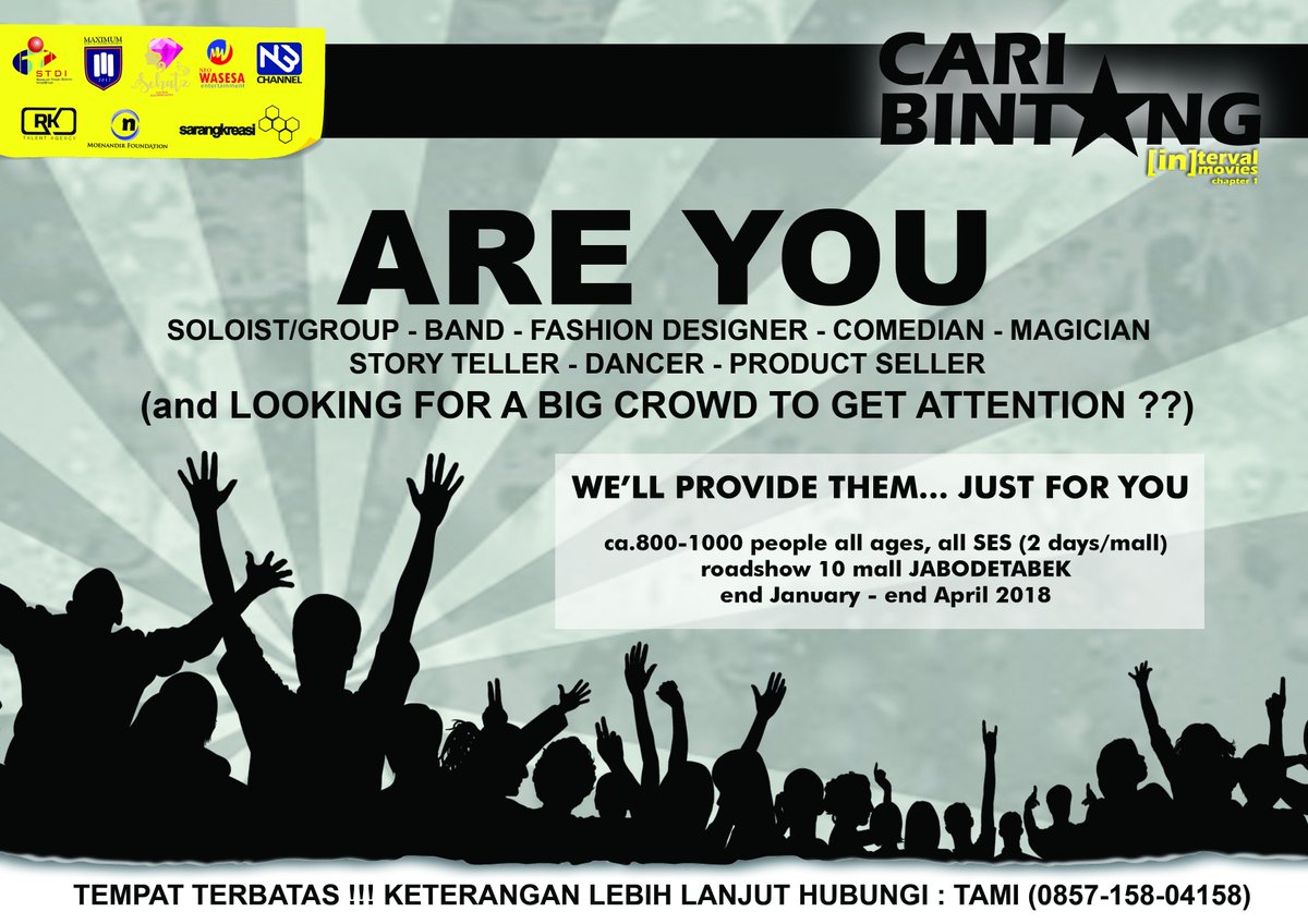 CariBintang's tweet photo. Mau suara emas kamu, band kamu, atau kebolehan kamu, bahkan barang dagangan kamu dilihat dan diekspose di 10 mall se JABODETABEK?
Join kita yuk di event Cari Bintang Roadshow mulai 27 Januari - 15 April 2018.

Hub : tami 0857-158-04158 https://t.co/nkv4m8yKdY