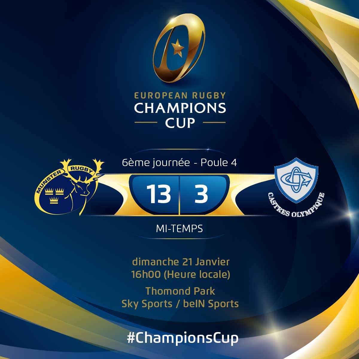 ChampionsCup_FR's tweet photo. C'est la mi-temps au Thomond Park ! Le @Munsterrugby a accentué son avance dans le dernier 1/4 d'heure, quand le @CastresRugby était réduit à 14 suite au carton jaune de Thomas Combezou !

#ChampionsCup https://t.co/HJgFZe9k5Y