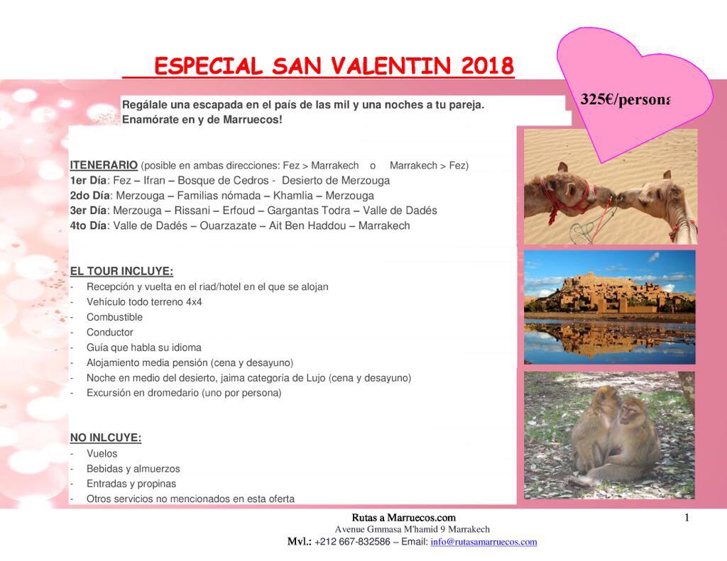RutasaMarruecos's tweet photo. #love is in the air in #Frebruary. If you want to give a #special #gift to your #couple. Write us and #book this #promotion.
#Febrero mes del #AmorEterno.
Si quieres tener #Detalles con tu #Pareja. Escribenos y #Contratar esta #PROMOCIÓN.
#Marruecos
#Travel https://t.co/GVkKpkdPt8