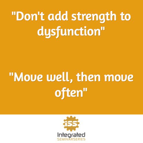 ISS_Seminars's tweet image. Adding strength or fitness to dysfunctional movement further embeds the faulty pattern. First move well, then move often. #integratedseminarseries #integratedpatterning #integratedmobility #integratedtherapeutics #identifyisolateintegrate