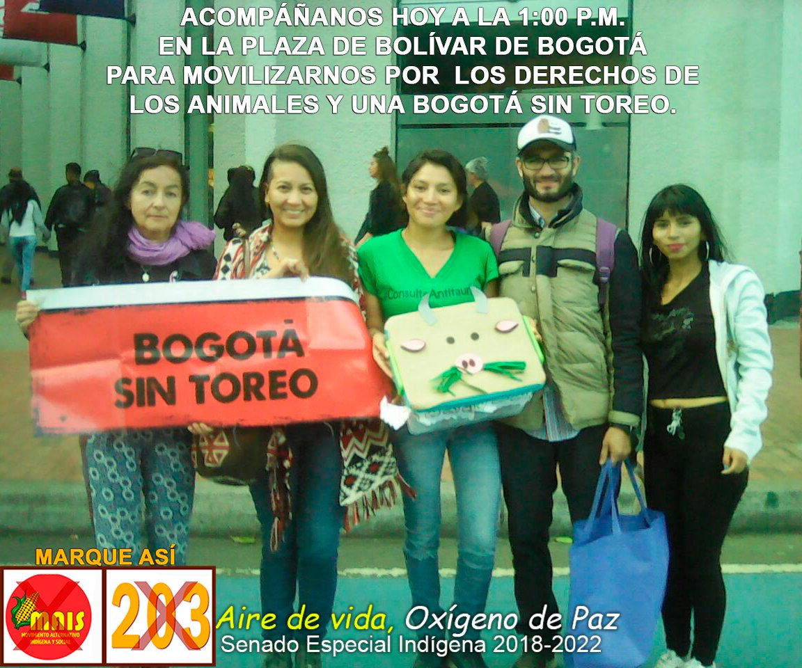 LenAmazonas's tweet photo. Hoy a la 1:00 P.M. en la Plaza de Bolívar de Bogotá para movilizarnos por los derechos de los animales #UnaBogotáSinToreo.
#ConsultaAntitaurina
#Bogotasintoros
#LenaEstradaAñokazi
#AiredeVida
#OxigenodePaz
#MAIS203
#Elecciones2018
#Movimiento_MAIS https://t.co/Pa4oQrFzTI