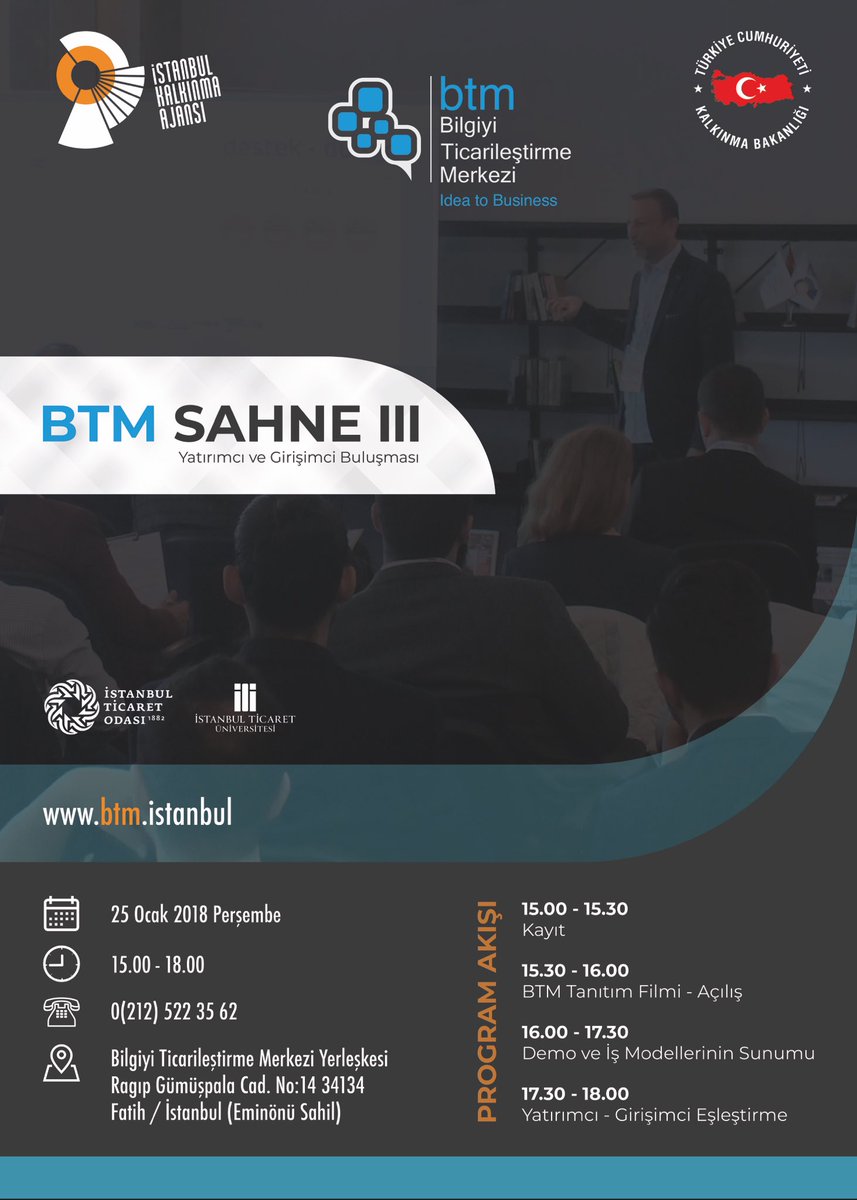 btmsahne's tweet photo. “BTM Sahne III - Yatırımcı ve Girişimci Buluşması” etkinliği 25 Ocak 2018 Perşembe günü BTM Yerleşkesi’nde gerçekleşecek. #btmistanbul #ideatobusiness #btmsahne
Kayıt için: https://t.co/JnqnHVkqad https://t.co/FFBHqqPFaW