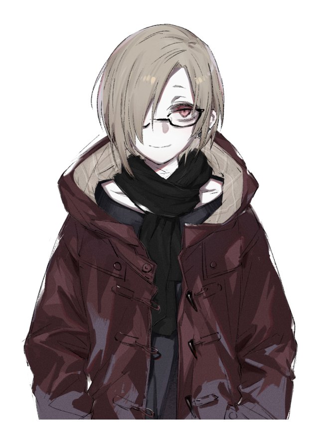 shirasaka koume 1girl solo hair over one eye glasses simple background white background red eyes  illustration images
