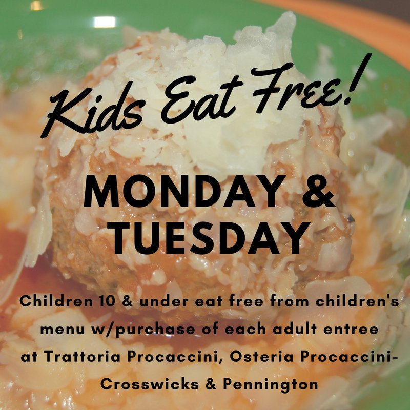 GetForky's tweet photo. Start your week with a great family meal &amp; #getforky with us! Kids eat free Monday &amp; Tuesday at Trattoria Procaccini &amp; Osteria Procaccini's Crosswicks or Pennington. See all the delicious choices: https://t.co/kbIFzbnfF1 https://t.co/E0axYEZ0gj