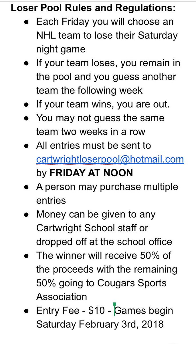 Cougars Sports Association will be running a loser pool for the continued support of athletics in Cartwright School.  Only $10 to play with 50% going to the winner.  See the rules below.  Please re-tweet!