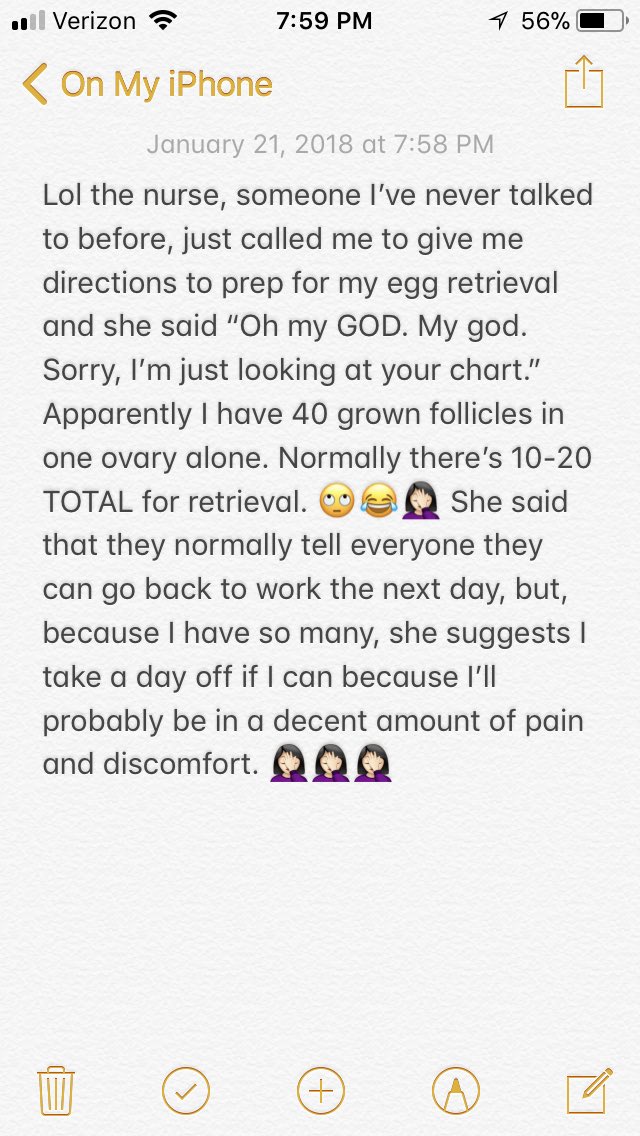 growingsass's tweet photo. Egg retrieval is on Tuesday, and this happened today when I got the phone call from a nurse. ππππ€·π»ββοΈπ€·π»ββοΈπ€¦π»ββοΈπ€¦π»ββοΈπ€¦π»ββοΈ #eggscellent #ivf #ivfjourney #ttc #lesbiansttc #ttcwithpcos #pcos #ivfproblems https://t.co/RrEwlzCGUn