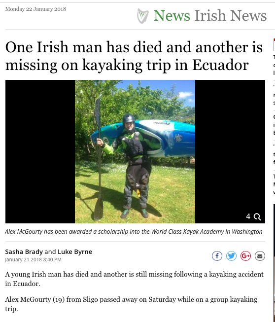 shababaty's tweet photo. La prensa Irlandesa se hace eco del accidente de #Kayak en el rio #Abanico, #Macas
En el que el Irlandes #AlexMcGourty🍀 perdió la vida y otro irlandés #DavidHiggins🍀, sigue desaparecido junto a #JoaquinMeneses🇪🇨 y el inglés #AdamNicholas🇬🇧
https://t.co/YHTtoGIqkv https://t.co/LlA8zfn0Ig