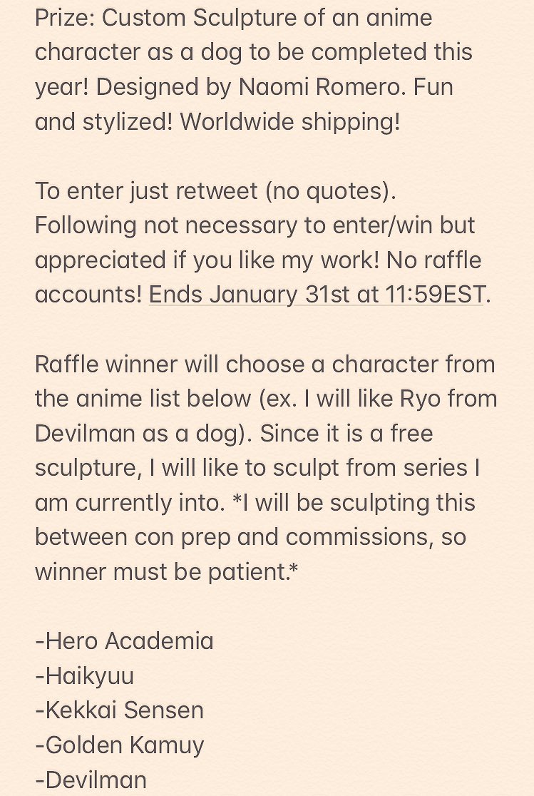 RioSculptures's tweet photo. 10,000 followers raffle! Prize is a custom sculpture of an anime character as a dog from the list (designed by NaomiRomeroArt) to be finished this year. RT to enter. Following is not necessarily to enter but appreciated! Raffle ends January 31st 11:59EST. Good luck! https://t.co/YKLkU1Fskb