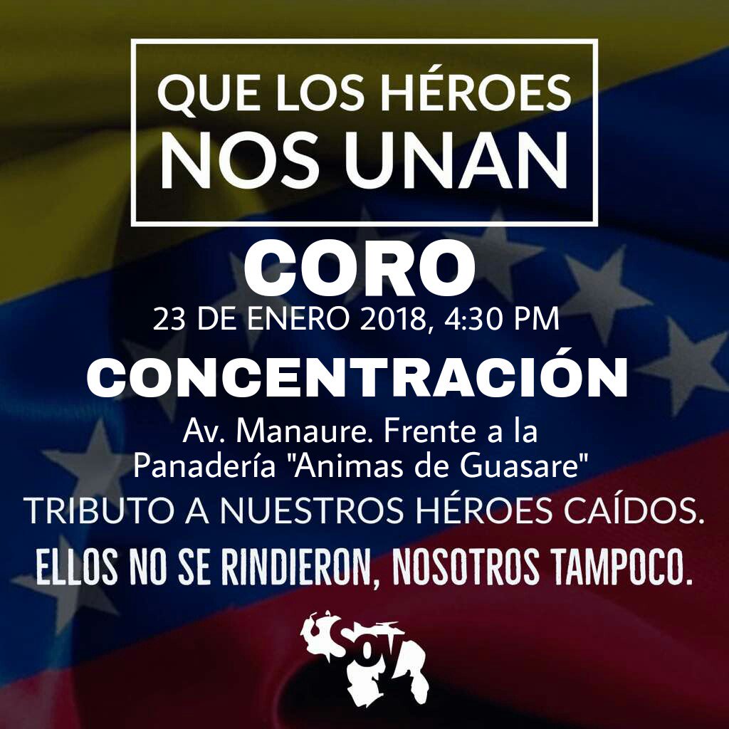 MovCoro's tweet photo. #23Ene sé parte del homenaje a nuestros Héroes, 4:30pm Av. Manaure, frente a la Panadería "Ánimas de Guasare" https://t.co/V4npdui5eY