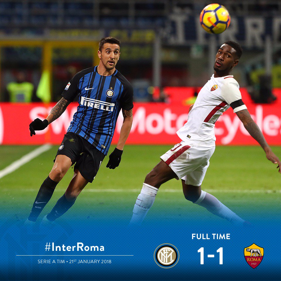 90'+4 - Finisce qui! Il gol di @MatiasVecinoUy nel finale pareggia quello nel primo tempo di El Shaarawy

#InterRoma 1-1