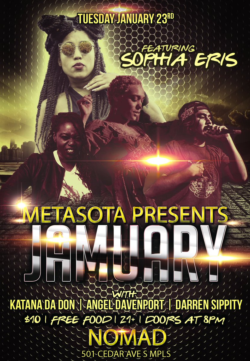 Metasota's tweet photo. 2 days away!!
week 4 of #MetasJAMuary 
with @MorplayKatana @DarrenSipity @youngnsilky &amp; guest @SophiaEris on the 1s &amp; 2s!
8-midnight, spaghetti (veggie too) &amp; $10 cover. come kick it! https://t.co/keGztyTrx1