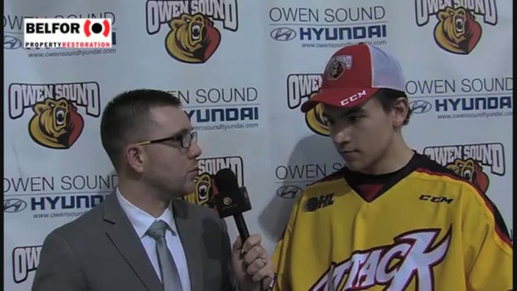 AttackOHL's tweet photo. WATCH: @GoldenKnights prospect Nick Suzuki speaks with #AttackTV after scoring three goals in the Attack's 4-1 win over the visiting Erie Otters on Sunday.
#RedRising
https://t.co/rlzRn2eySy https://t.co/7ObTScbeEe