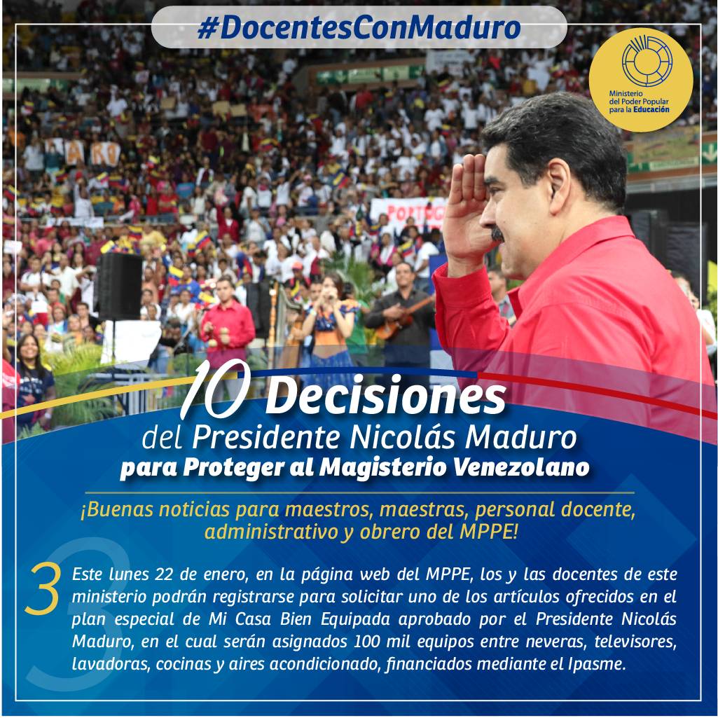 IpasmeOficial's tweet photo. ☝10 Decisiones del Presidente @NicolasMaduro  para proteger al Magisterio Venezolano 👨‍🏫👩‍🏫
 ⬇Este lunes 22 de enero los docentes podrán registrarse a travès 
de la pág web del @MPPEDUCACION para adquirir uno de los productos de linea blanca @JauaMiranda #DocentesConMaduro https://t.co/jJ13FBsjZk