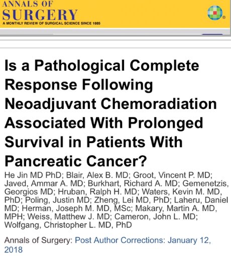 Moving forward = 10% (!) pathologic complete respons in 169 #PancreaticCancer resections following neoadj FOLFIRINOX CRT: median overall survival >60 months journals.lww.com/annalsofsurger… congrats @jhatjhmi1 @HopkinsMedicine