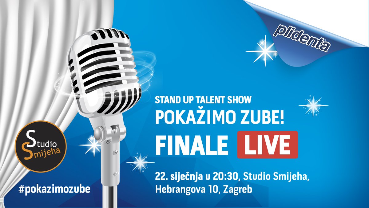 LIVE STREAM finala izbora stand up talent showa <a href="/pokazimozube/">Pokažimo zube</a>, Studio
smijeha, Zagreb, ponedjeljak, 22. siječnja, 20:30, ekskluzivno na FB
profilu facebook.com/pokazimozube i YT kanalu youtube.com/ThePlidenta