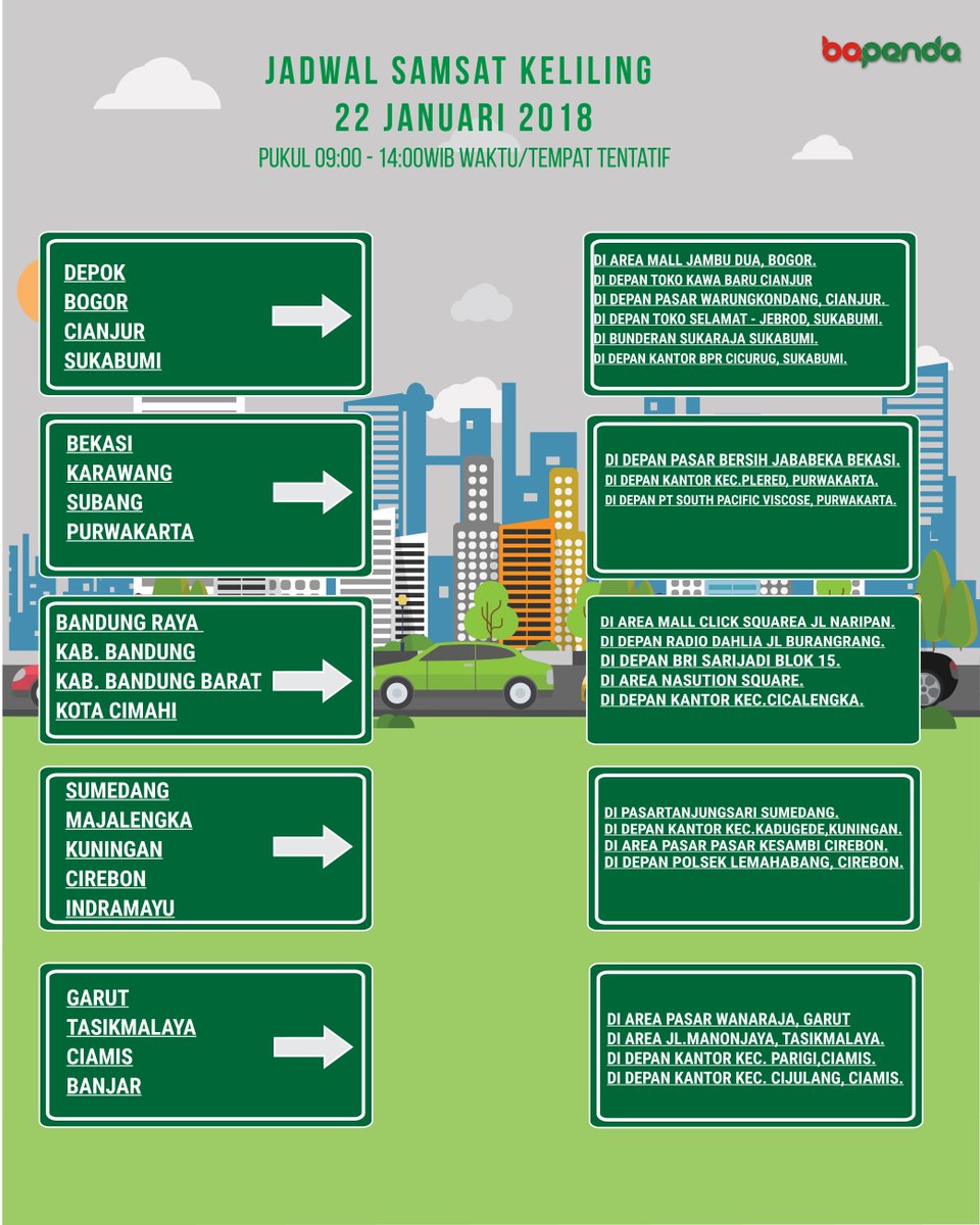 Selamat Pagi Wargi Jabar, berikut jadwal Samsat Keliling hari ini. Yuk bayar pajaknya...

#bapendajabar
#samsatjabar
#bebasbergerak