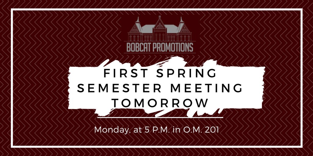 txstbobcatpr's tweet photo. Good afternoon Bobcat! Just a reminder that we will be having our first meeting tomorrow at 5 P.M. in O.M. 201. See you soon! #txst #txstBPR #springsemester https://t.co/sHwgrk2yCf