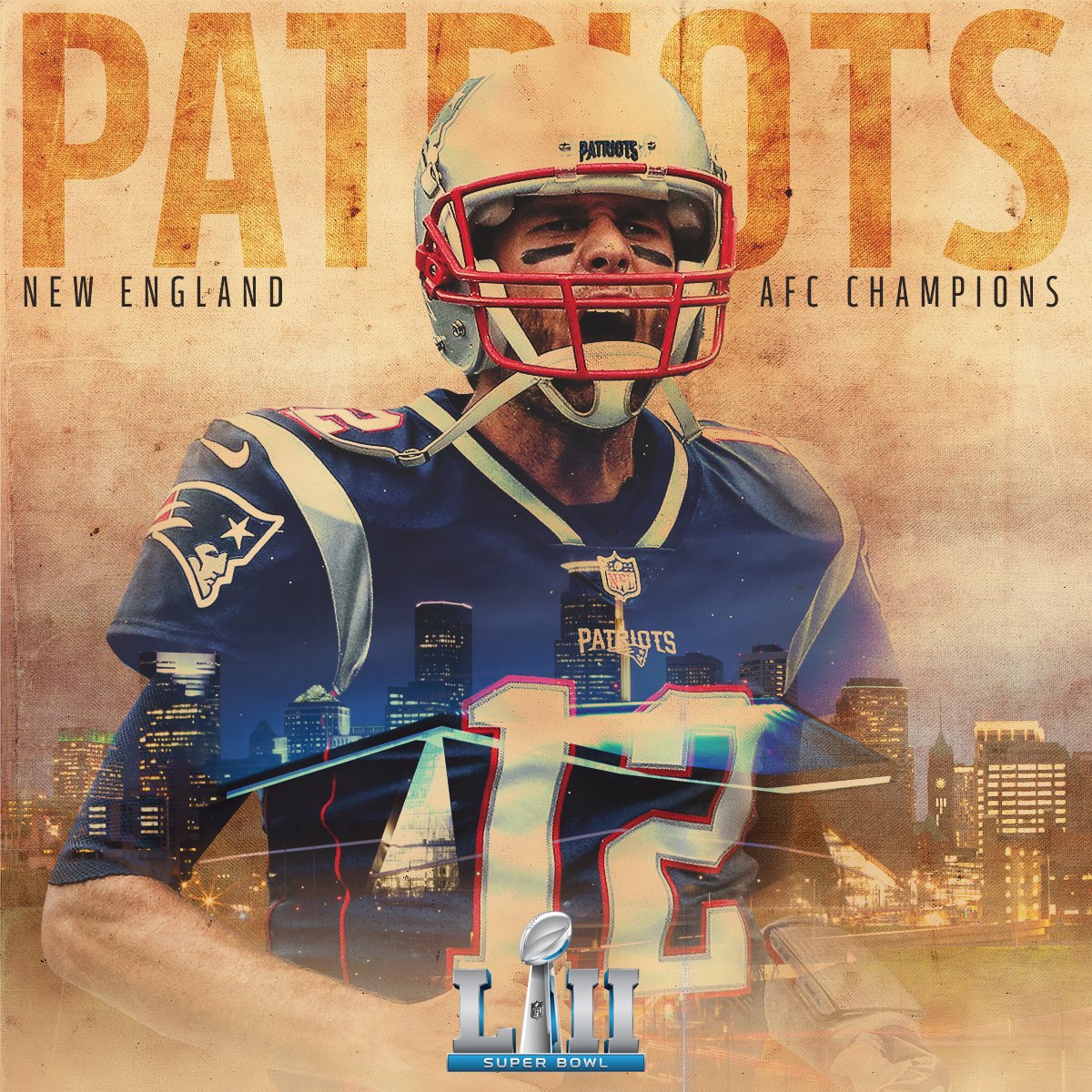 NFL's tweet photo. New England @Patriots = AFC CHAMPS! #NotDone #GoPats #SBLII https://t.co/vprr3ViTsS