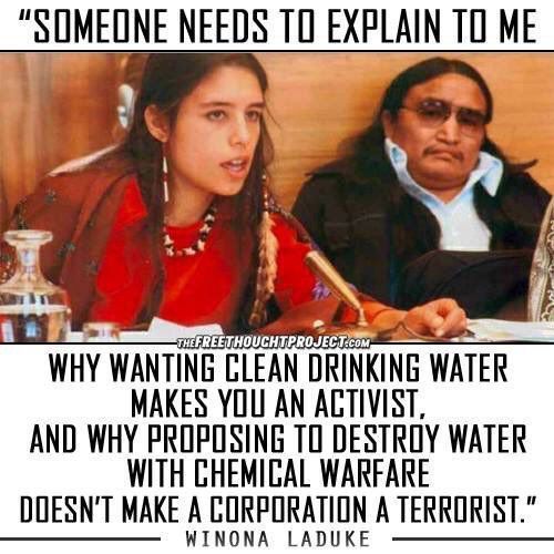 "Someone needs to explain to me why wanting clean drinking water makes you an activist, and why proposing to destroy water with chemical warfare doesn't make a corporation a terrorist." 
~Winona LaDuke 
#WaterIsLife