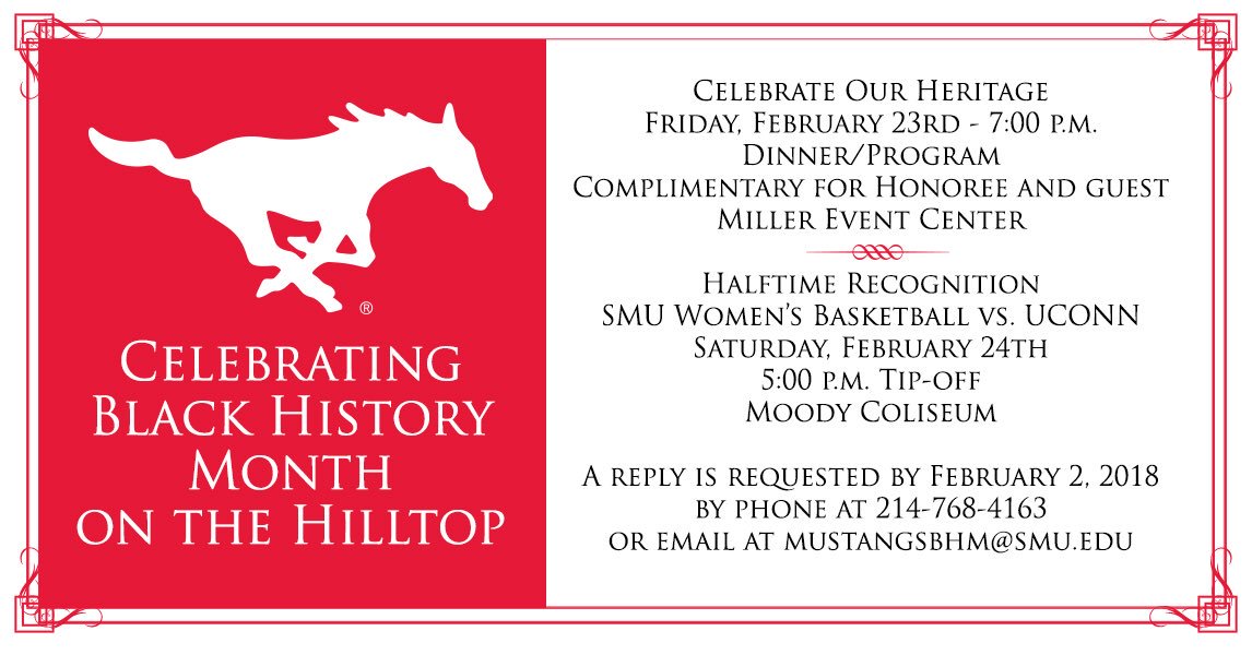 SMUMustangs's tweet photo. In celebration of Black History Month, SMU Athletics invites former African-American student-athletes back to the Hilltop in honor of their contributions to and impact on the campus and Dallas communities. #PonyUp https://t.co/YlTwkBlChS