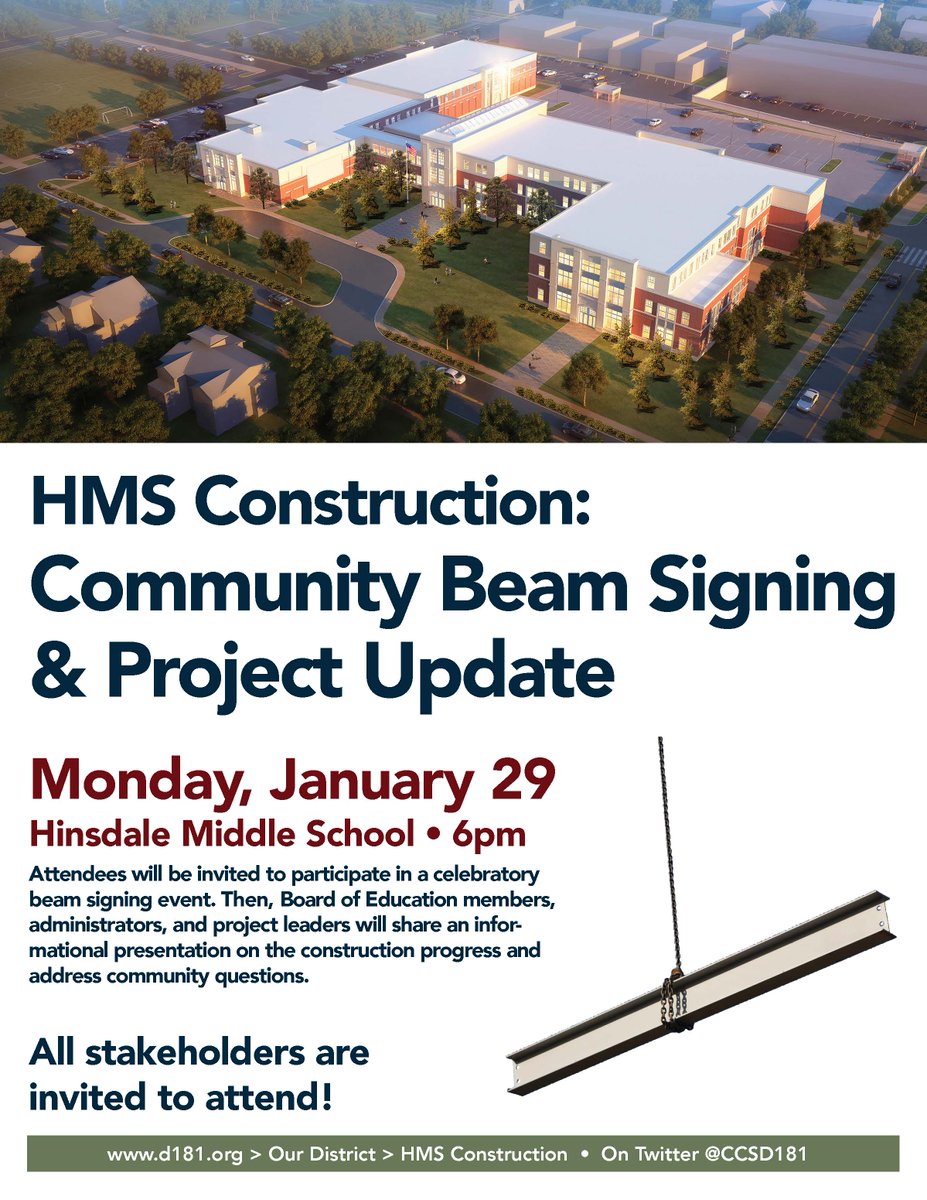 CCSD181's tweet photo. Monday, Jan. 29 at 6pm - All are welcomed to an #HMSconstruction project update and community beam signing! https://t.co/ase9LvqB7L https://t.co/n6jVdOwC2g