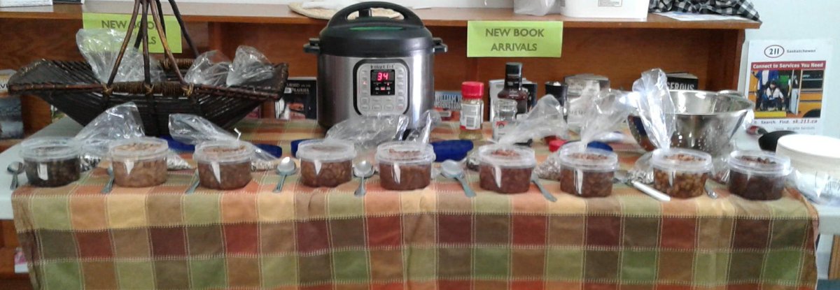SE_ResearchFarm's tweet photo. Bean cooking teach-in at the Redvers Library today. Instant Pot demo was a success. 9 lines of beans taste-tested. Fresh beans > old beans. #MakeBeansGreatAgain https://t.co/zoRdoP4igO