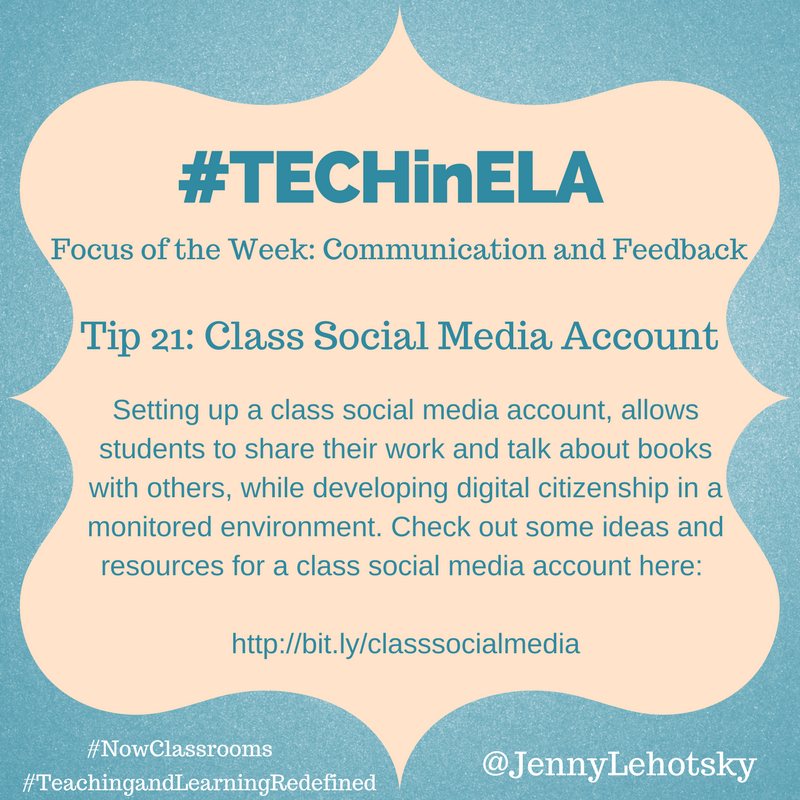 JennyLehotsky's tweet photo. Day 21: #TECHinELA Create a class social media account for sharing writing and talking about books! 
#Nowclassrooms #TeachingandLearningRedefined #nowclassrooms #D100pride https://t.co/Y0sMgABv5J