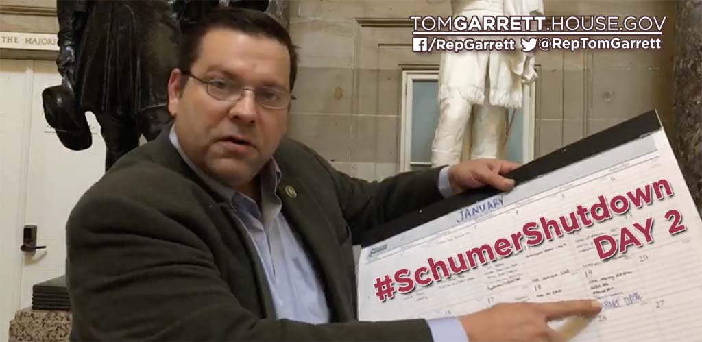 RepTomGarrett's tweet photo. .@SenateDems, the #SchumerShutdown has gone on long enough. Tell @SenSchumer to put an end to his obstruct-at-all-costs approach to governing. It's time to #OpenTheGovernmentChuck & back to work to work for the American people. Watch our latest HERE → https://t.co/dP5x25Ae3I https://t.co/2zJEO5YuhX