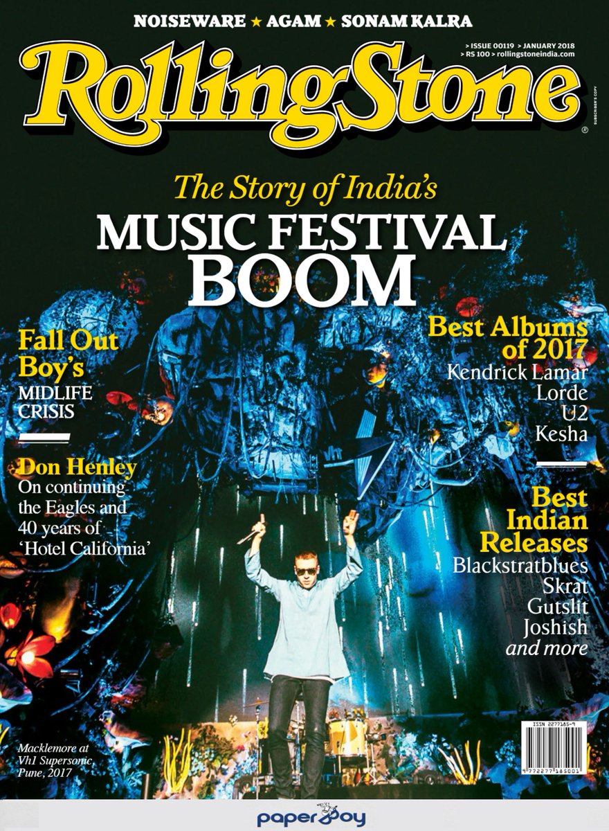 PaperboyOnline's tweet photo. India's Music Festival Boom - #Bestof2017 package highlighting the top 10 #international and #IndianAlbum and singles of 2017. Also, read exclusive interviews with #DonHenley, Fall Out Boy, #SonamKalra and more artists.
Read #RollingStone #Magazine here - https://t.co/dlZrYMnaEK https://t.co/N2niPJ0MyK
