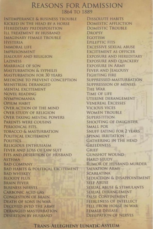 17. Here are the listed reasons to be admitted in the Trans-Allegheny Lunatic Asylum in the 19th century.