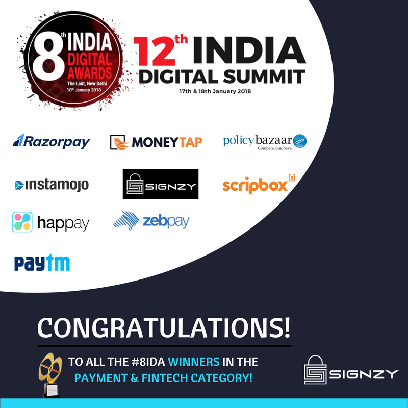 TeamSignzy's tweet photo. Guess which company won the Best Innovative Fintech Data Solution Provider at the #8IDA - India Digital Award at IAMAI? Yes... it’s Signzy. Thanks @IAMAIForum for recognising us & Congrats to all the winners @LiveHappay @Razorpay @zebpay @MoneyTapApp @instamojo @scripbox #12IDS https://t.co/DRLI5v55Hc
