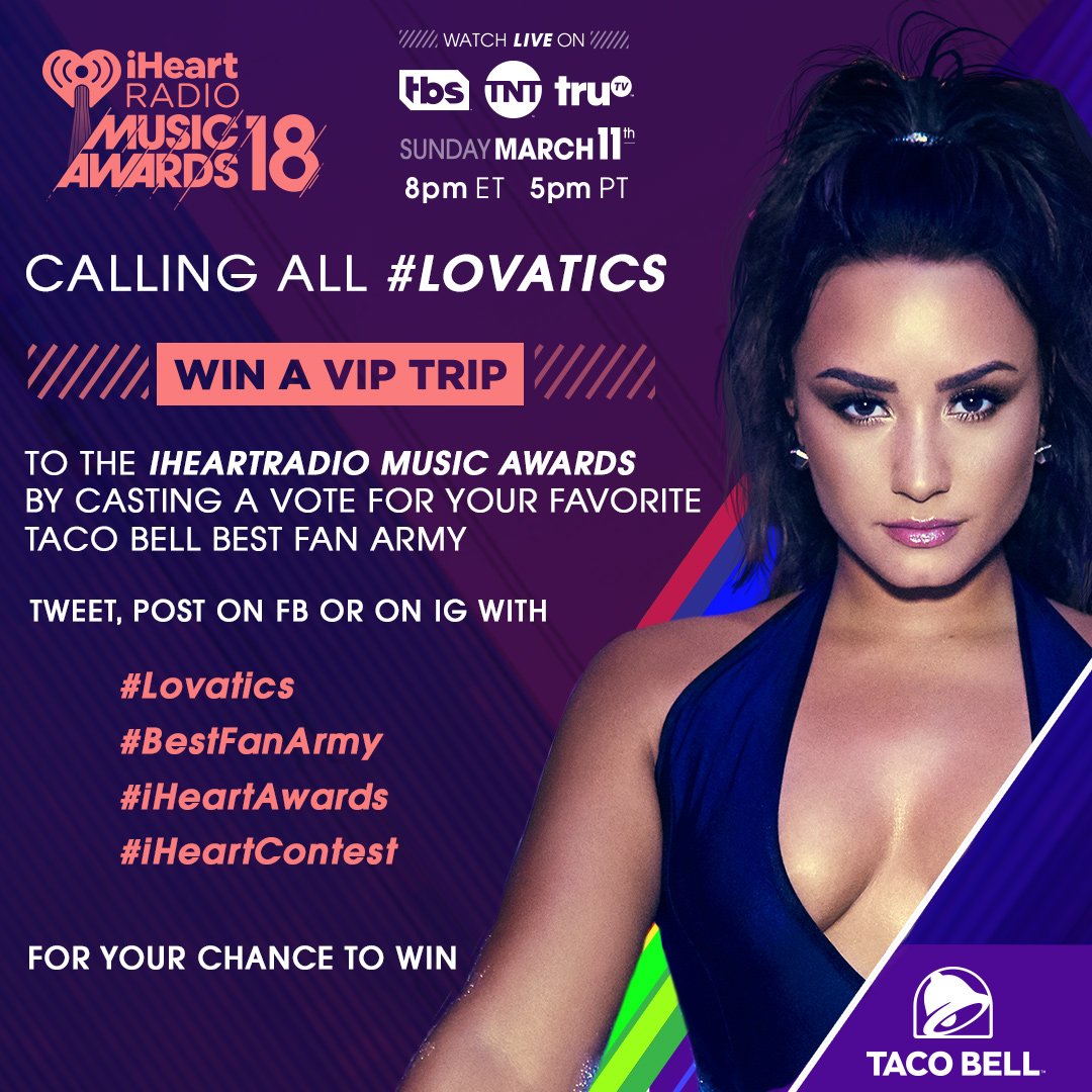 iHeartRadio's tweet photo. RT to let all #Lovatics know! Today is YOUR @tacobell #BestFanArmy voting spree day! #iHeartAwards https://t.co/af6IzdegmT
