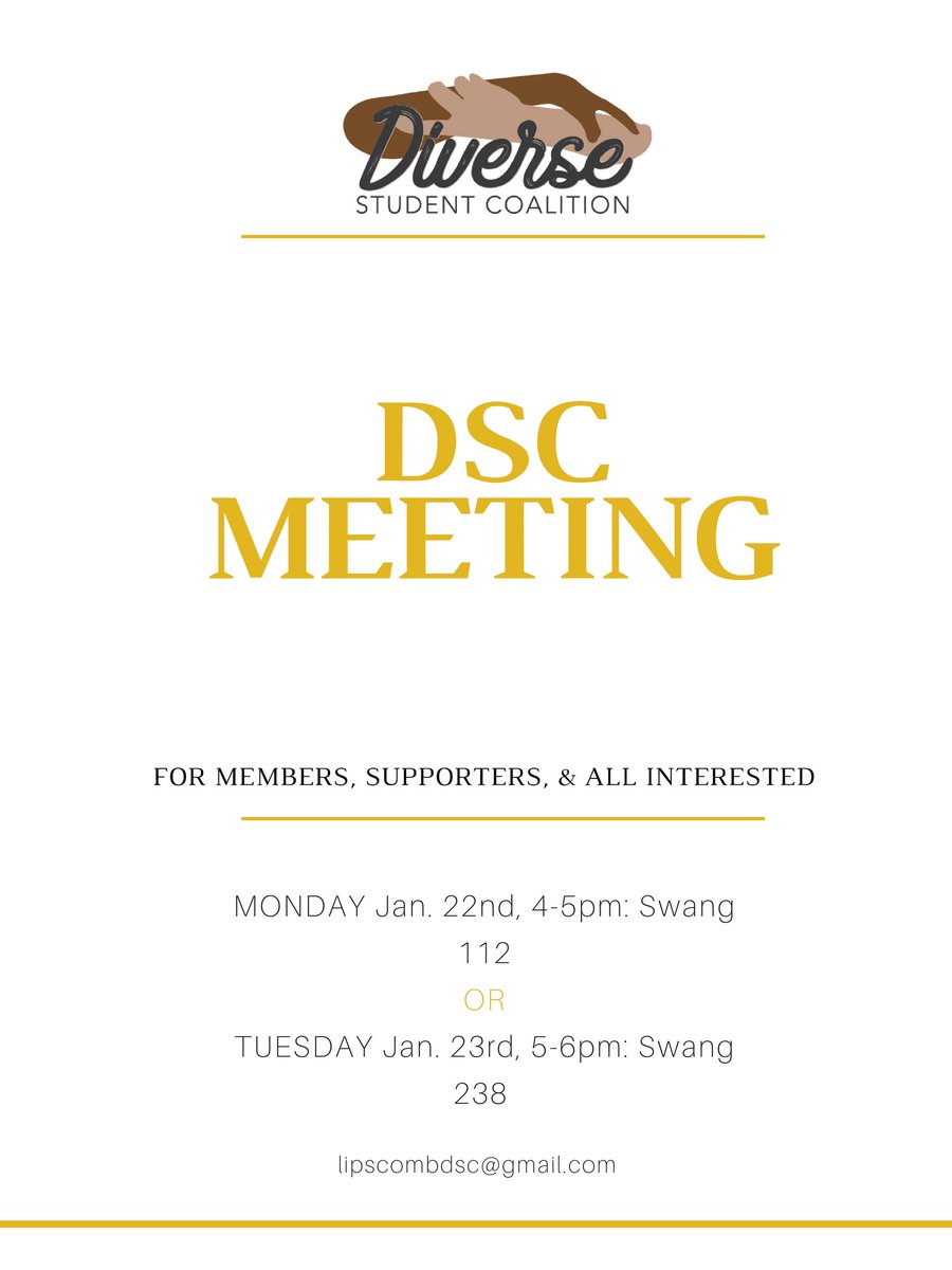 lipscombdsc's tweet image. Hello friends! Join us on Monday OR Tuesday for the first DSC meeting of the semester! These meetings are open to EVERYONE: members, supporters, and curious onlookers. Come see what we have planned! Contact us with any questions.