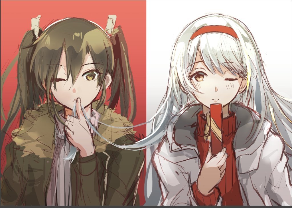 shoukaku (kancolle) ,zuikaku (kancolle) multiple girls 2girls one eye closed twintails long hair white hair sweater  illustration images