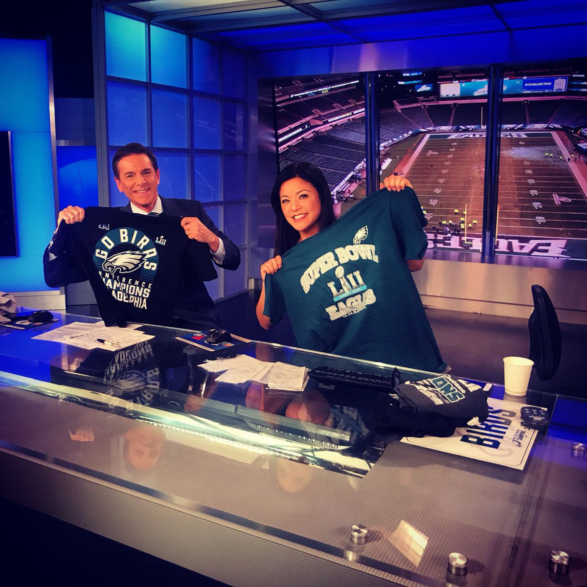 The @philadelphiaeagles victory fever has spilled over into the studio as the wave of excitement and joy floods the entire area! LIVE team coverage on @nbcphiladelphia! @jimrosenfield @DeniseNakanoTV