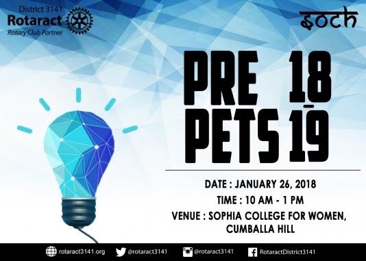 Rotaract3141's tweet photo. “Leadership is the capacity to translate Vision into Reality”

Rotaract District 3141

invites all its President-Elects for

PRE-PETS 2018-19

Date: 26th January, 2018

Time: 10.00 AM onwards

See you all there!

#Prepets #PresidentElect #Training #Rotaract51 #RotaractMumbai https://t.co/78JTSPLf3B
