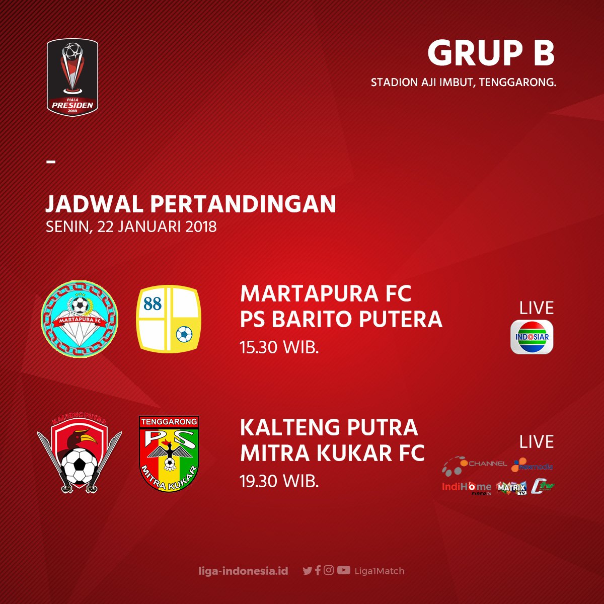 Jadwal pertandingan Piala Presiden 2018 Grup B hari ini:

15.30 WIB @MartapuraFC vs <a href="/PSBaritoPutera/">PS Barito Putera</a>.
19.30 WIB <a href="/KaltengPutraKu/">KALTENG PUTRA</a> vs <a href="/MitraKukar/">Mitra Kukar FC</a>.

#PialaPresiden