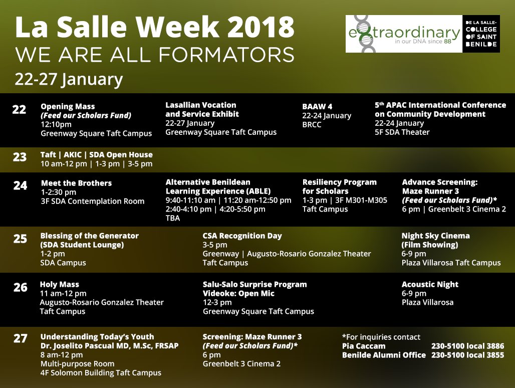 benildecsg's tweet photo. #CSGNOW
Benildeans! The Benilde Central Student Government would like to invite everyone to come join the events in this year’s Lasallian Week 2018 entitled “WE ARE ALL FORMATORS”
Don’t miss out on this weeklong celebration on January 22-27, 2018.
#BEnildeACTIVE https://t.co/MPjOFlBl8Z