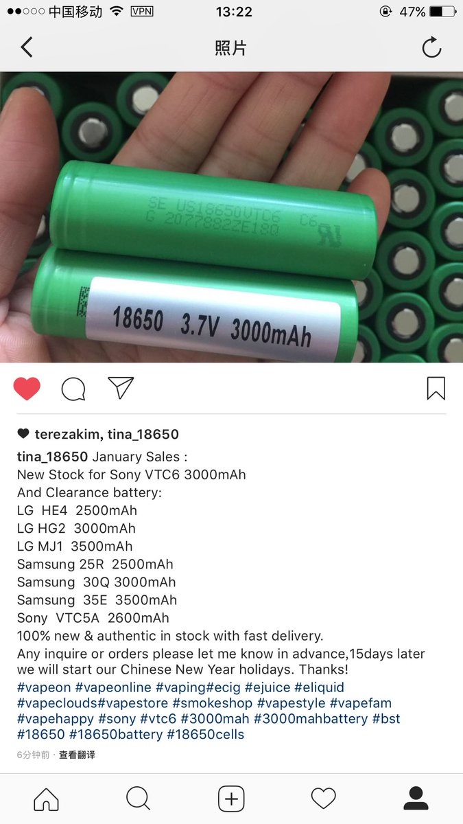 cca3650's tweet photo. New stock for Sony VTC6 3000mAh
#vapor #NoSmoking #vapeallday #vapefam #vaping #18650cell #18650battery #3000mahbattery https://t.co/D5EYrT3a7E