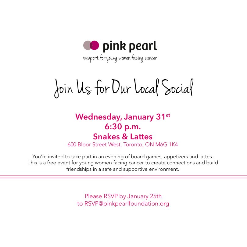 PinkPearlCanada's tweet photo. Our next Local Social is January 31st at Snakes &amp; Lattes! If you're a young woman facing cancer in #Toronto, join us for a night of board games, java &amp; making new connections!  💕 
#pinkpearlfdn #cancersupport #aya #cancer #facingcancertogether #supportyoungwomen #cancerprograms https://t.co/QNDnlwnB00