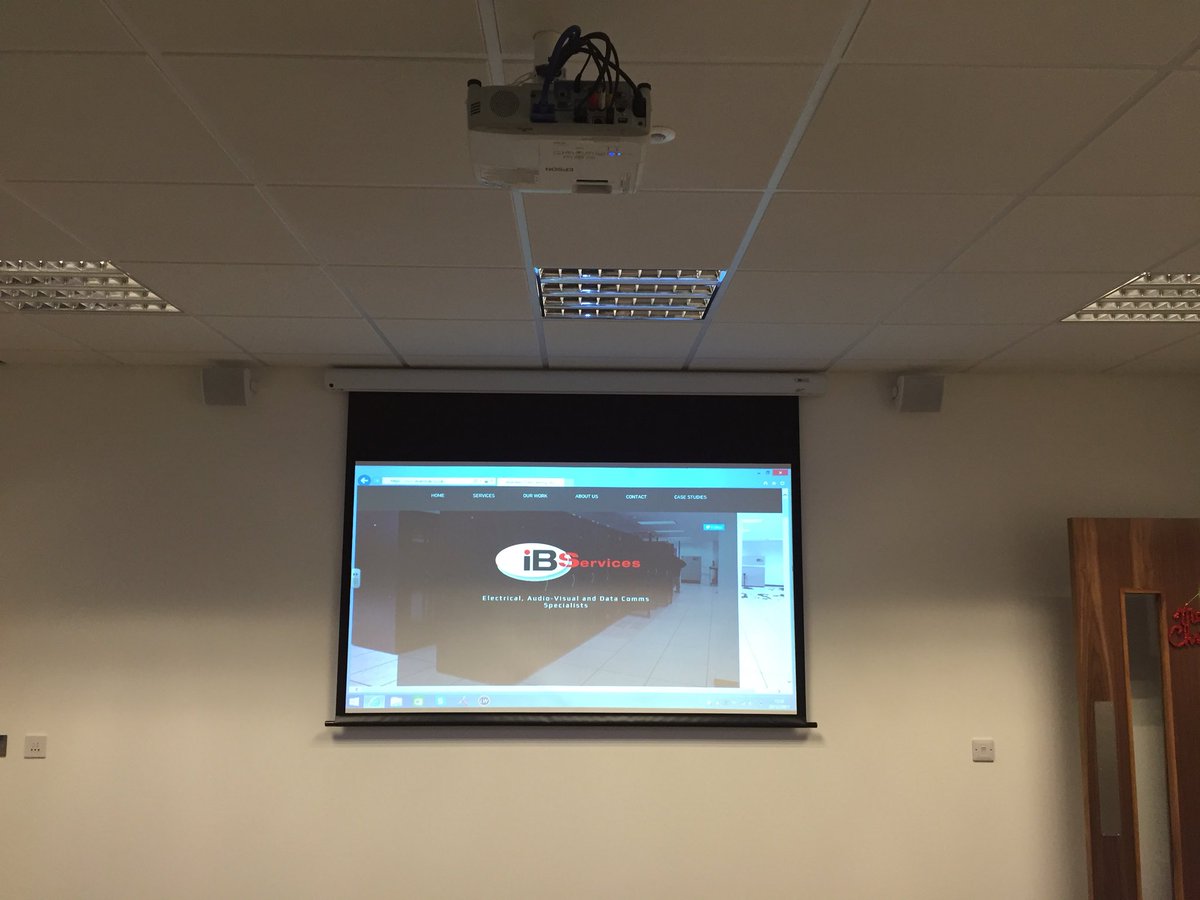 I_B_Services's tweet photo. Here’s a small snapshot of our work at a newly opened office for a local accounting firm in Portlethen. Along with this widescreen projection setup and speaker system, we also provided two meeting rooms with wall mounted screens connected via a desk mounted connection box. https://t.co/wgrjlOUVOl